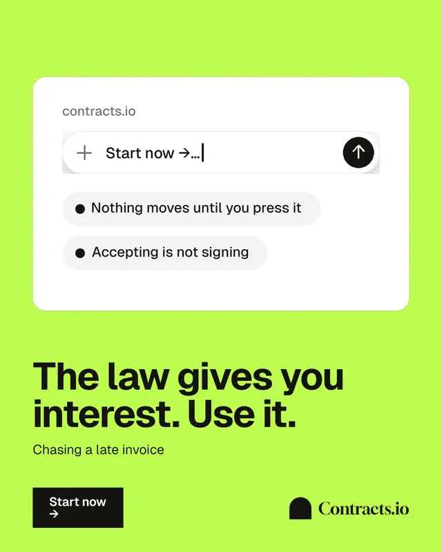 Instagram portrait post for contracts.io: "The law gives you interest. Use it." Swiss style, bottom layout, light palette in green, white.