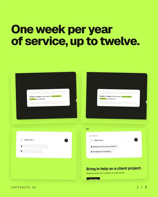 Carousel for contracts.io: "One week per year of service, up to twelve.". Collection carousel, 8 slides, light palette.