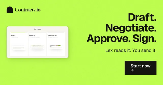Social ad for contracts.io: "Draft. Negotiate. Approve. Sign." Swiss style, right layout, light palette in green.