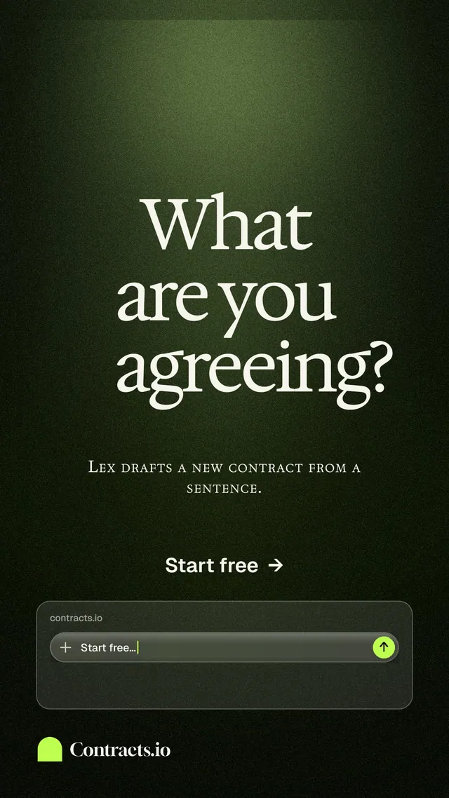 Instagram story for contracts.io: "What are you agreeing?" Dark deco style, smallcaps layout, dark palette in green, grey, black.