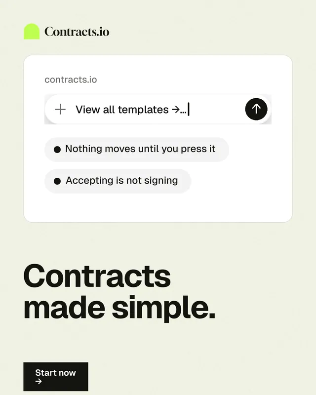 Instagram portrait post for contracts.io: "Contracts made simple." Swiss style, bottom layout, light palette in white, grey.