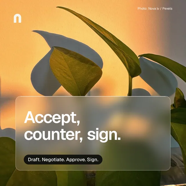 Instagram post for contracts.io: "Accept, counter, sign." Glass style, technique:pexels ingredient layout, light palette in yellow, orange.