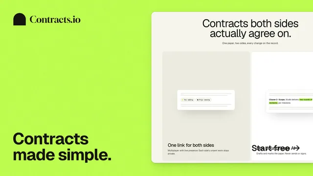 Landscape graphic for contracts.io: "Contracts made simple." Swiss style, image led layout, light palette in green, white.