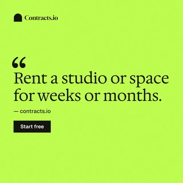 Instagram post for contracts.io: "Rent a studio or space for weeks or months." Swiss style, quote layout, light palette in green.
