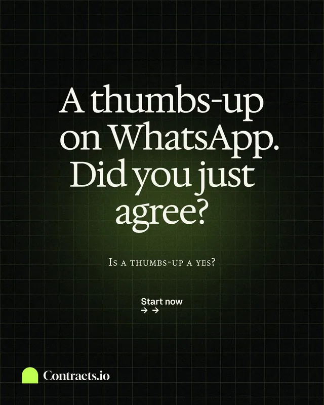 Instagram portrait post for contracts.io: "A thumbs-up on WhatsApp. Did you just agree?" Phosphor atlas style, smallcaps layout, dark palette in black, grey.