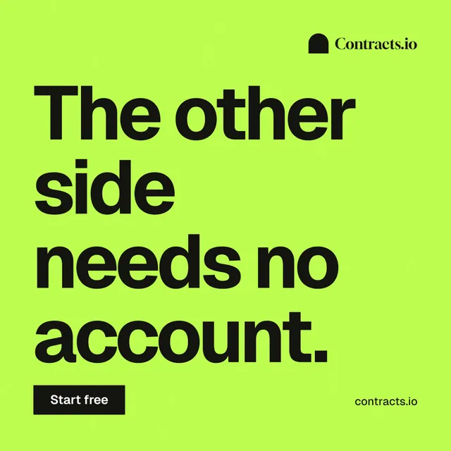 Instagram post for contracts.io: "The other side needs no account." Swiss style, poster layout, light palette in green.