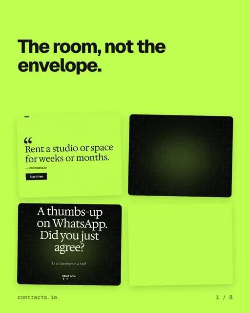 Carousel for contracts.io: "The room, not the envelope.". Collection carousel, 8 slides, light palette.