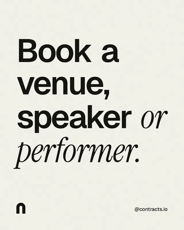 Instagram portrait post for contracts.io: "Book a venue, speaker or performer." Editorial style, technique:mixed type lockup layout, light palette in white, grey.