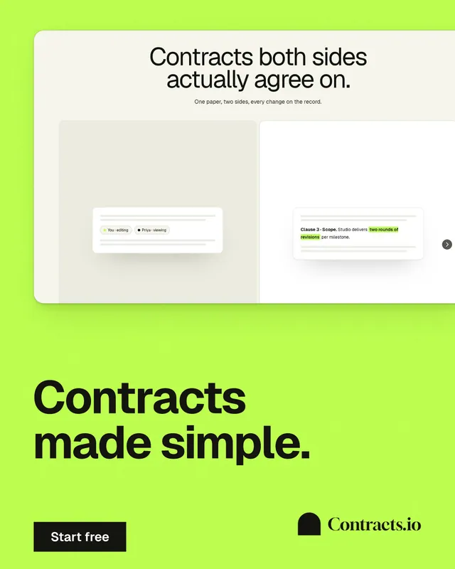 Instagram portrait post for contracts.io: "Contracts made simple." Swiss style, bottom layout, light palette in green.