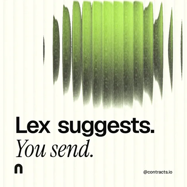 Instagram post for contracts.io: "Lex suggests. You send." Auto 1x1 style, technique:shader field layout, light palette in white, grey, green.