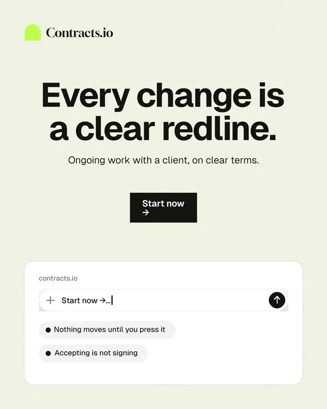 Instagram portrait post for contracts.io: "Every change is a clear redline." Swiss style, centred layout, light palette in white, grey.