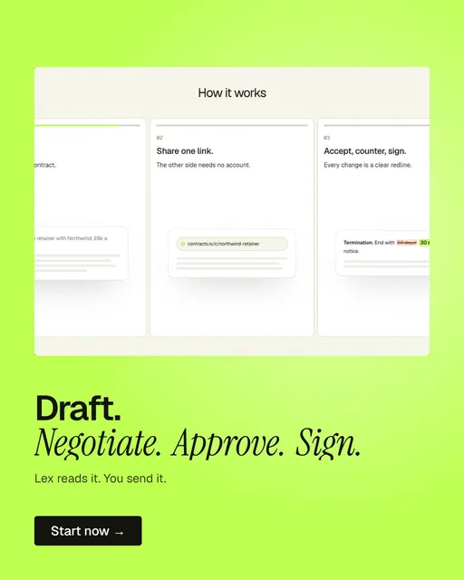 Video for contracts.io: "Draft. Negotiate. Approve. Sign.". Doc motion loop, 7.0 s, light palette.