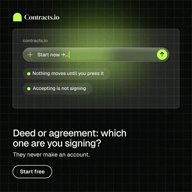 Instagram post for contracts.io: "Deed or agreement: which one are you signing?" Phosphor atlas style, bottom layout, dark palette in black, green.