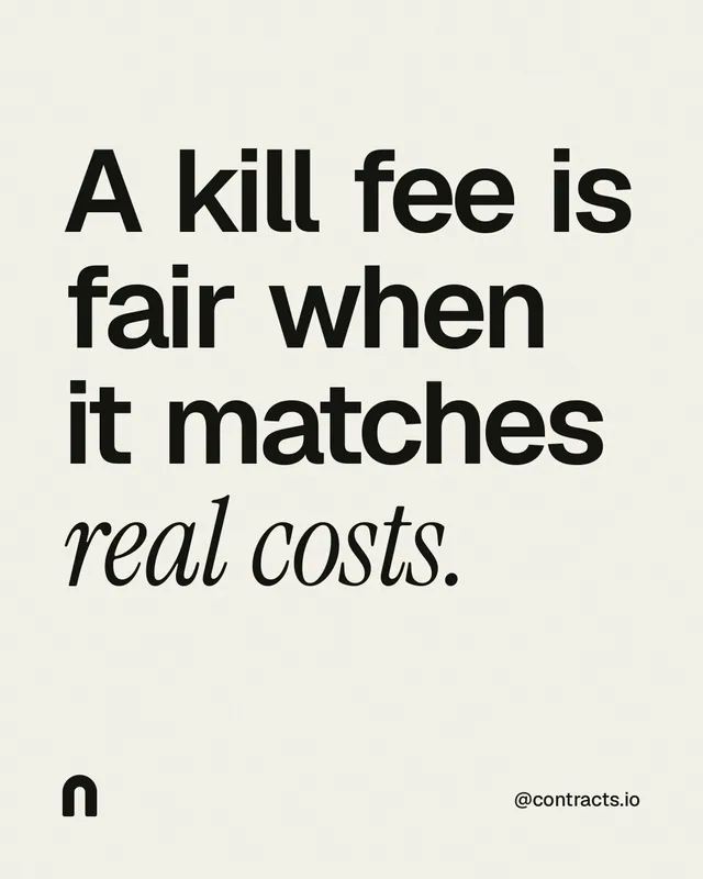 Instagram portrait post for contracts.io: "A kill fee is fair when it matches real costs." Editorial style, technique:mixed type lockup layout, light palette in white, grey.