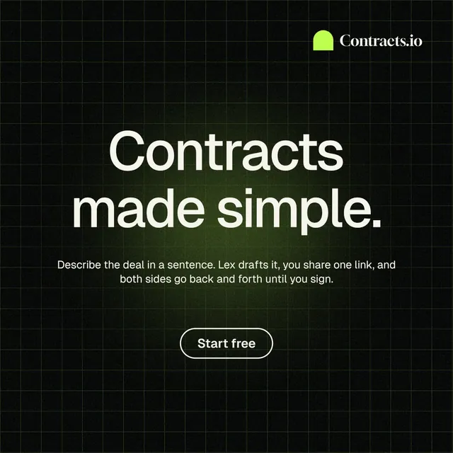 Instagram post for contracts.io: "Contracts made simple." Phosphor atlas style, centred layout, dark palette in black.