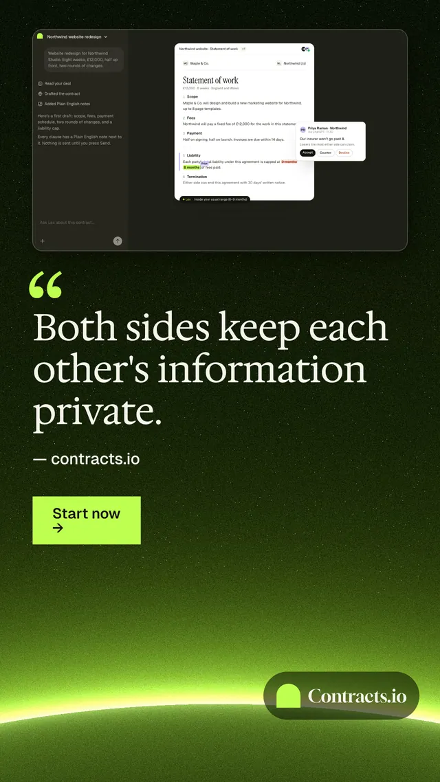 Instagram story for contracts.io: "Both sides keep each other's information private." Swiss style, quote layout, dark palette in green, black.