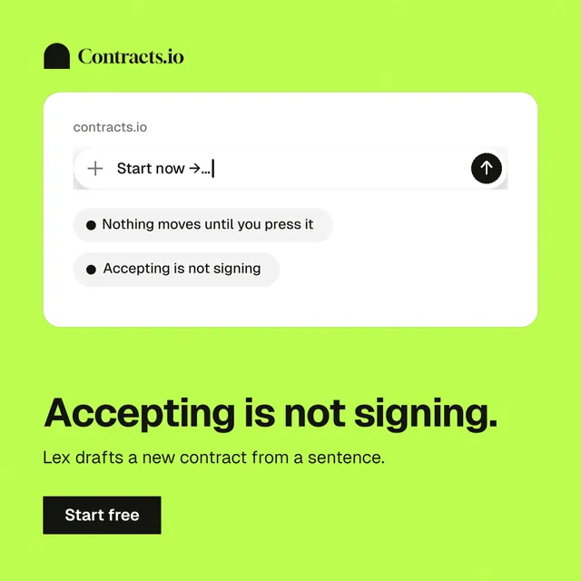 Instagram post for contracts.io: "Accepting is not signing." Swiss style, bottom layout, light palette in green, white.