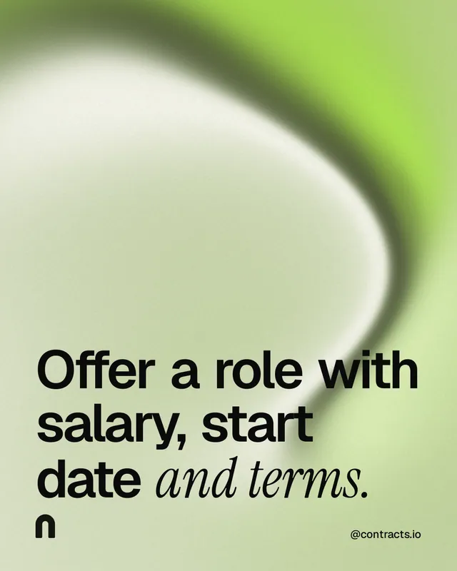 Instagram portrait post for contracts.io: "Offer a role with salary, start date and terms." Auto 4x5 style, technique:shader field layout, light palette in green, grey.