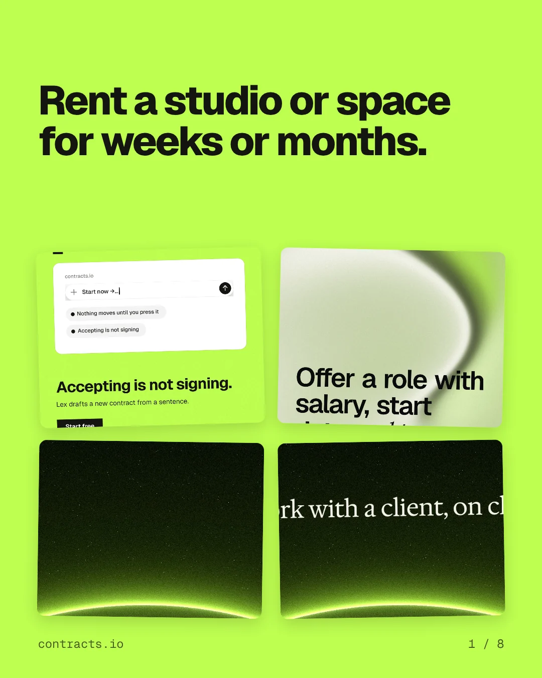 Carousel for contracts.io: "Rent a studio or space for weeks or months.". Collection carousel, 8 slides, light palette.