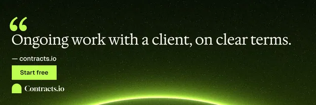 X header for contracts.io: "Ongoing work with a client, on clear terms." Swiss style, quote layout, dark palette in black, green.