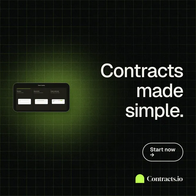 Instagram post for contracts.io: "Contracts made simple." Phosphor atlas style, right layout, dark palette in black, green.