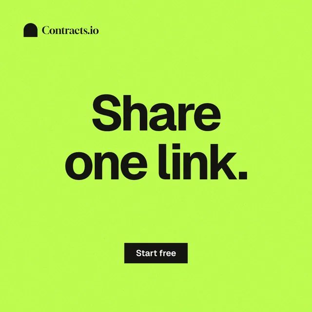 Instagram post for contracts.io: "Share one link." Swiss style, centred layout, light palette in green.