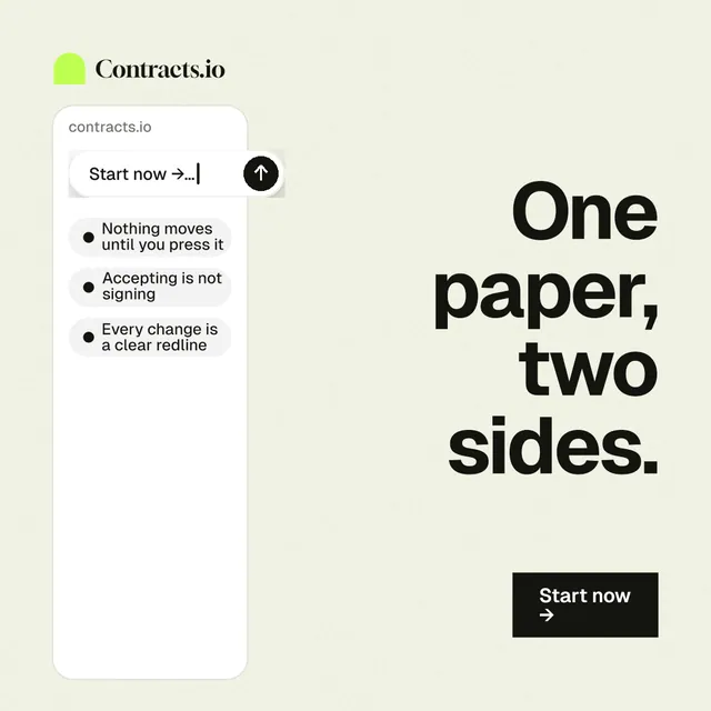 Instagram post for contracts.io: "One paper, two sides." Swiss style, right layout, light palette in white, grey.
