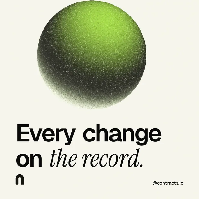 Instagram post for contracts.io: "Every change on the record." Auto 1x1 style, technique:shader field layout, light palette in white, grey.