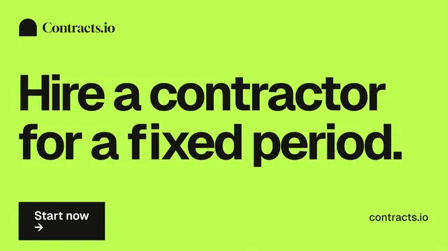 Landscape graphic for contracts.io: "Hire a contractor for a fixed period." Swiss style, poster layout, light palette in green.