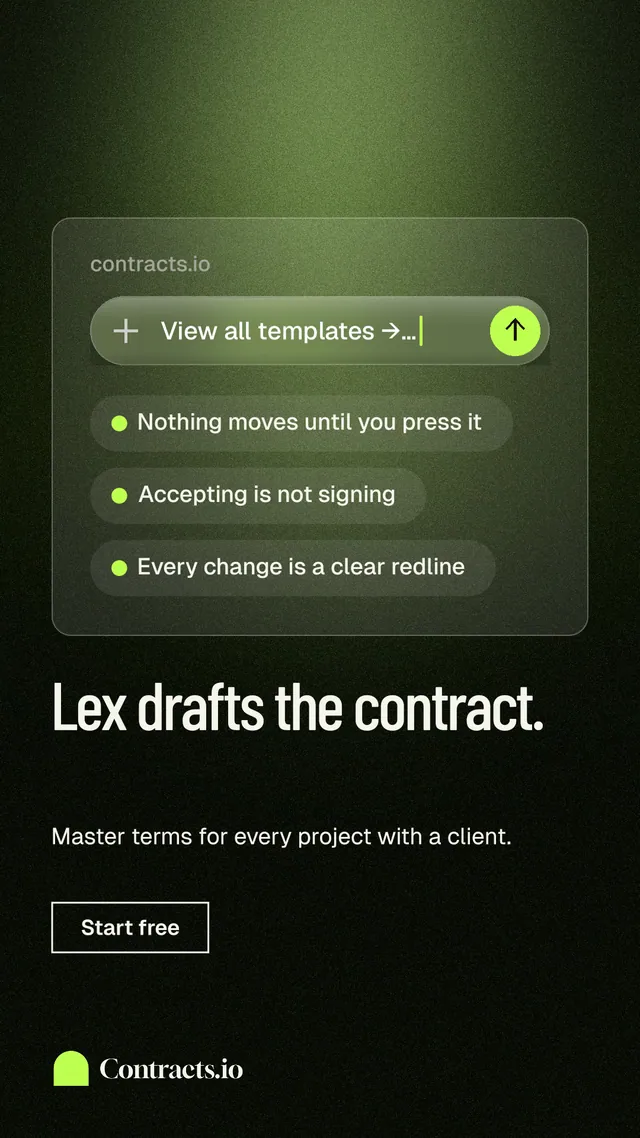 Instagram story for contracts.io: "Lex drafts the contract." Dark deco style, bottom layout, dark palette in black, green.