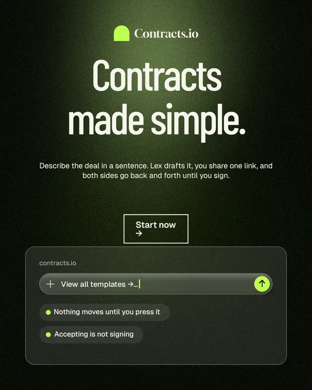 Instagram portrait post for contracts.io: "Contracts made simple." Dark deco style, centred layout, dark palette in black, green, grey.