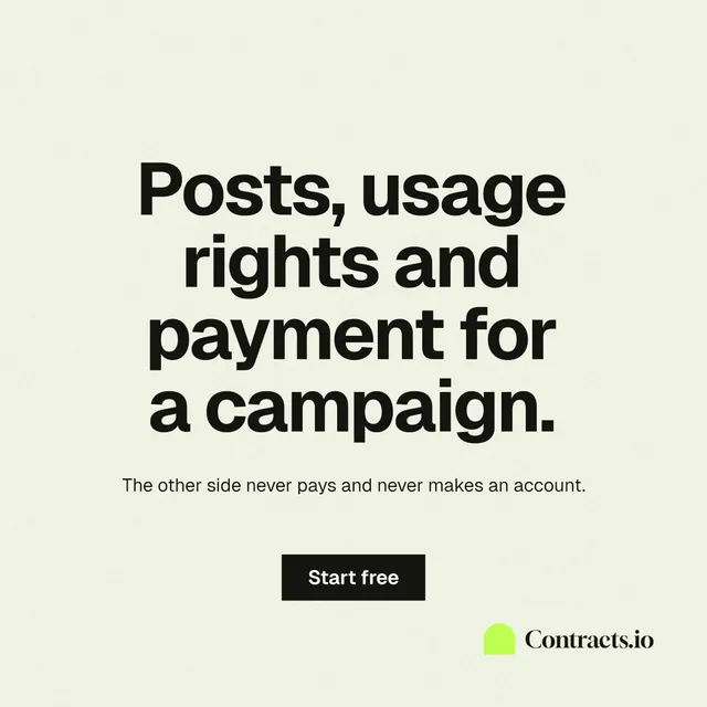 Instagram post for contracts.io: "Posts, usage rights and payment for a campaign." Swiss style, centred layout, light palette in white, grey.