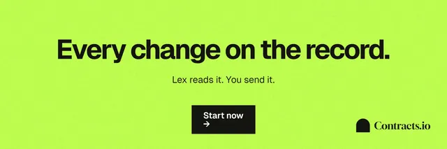 X header for contracts.io: "Every change on the record." Swiss style, centred layout, light palette in green.