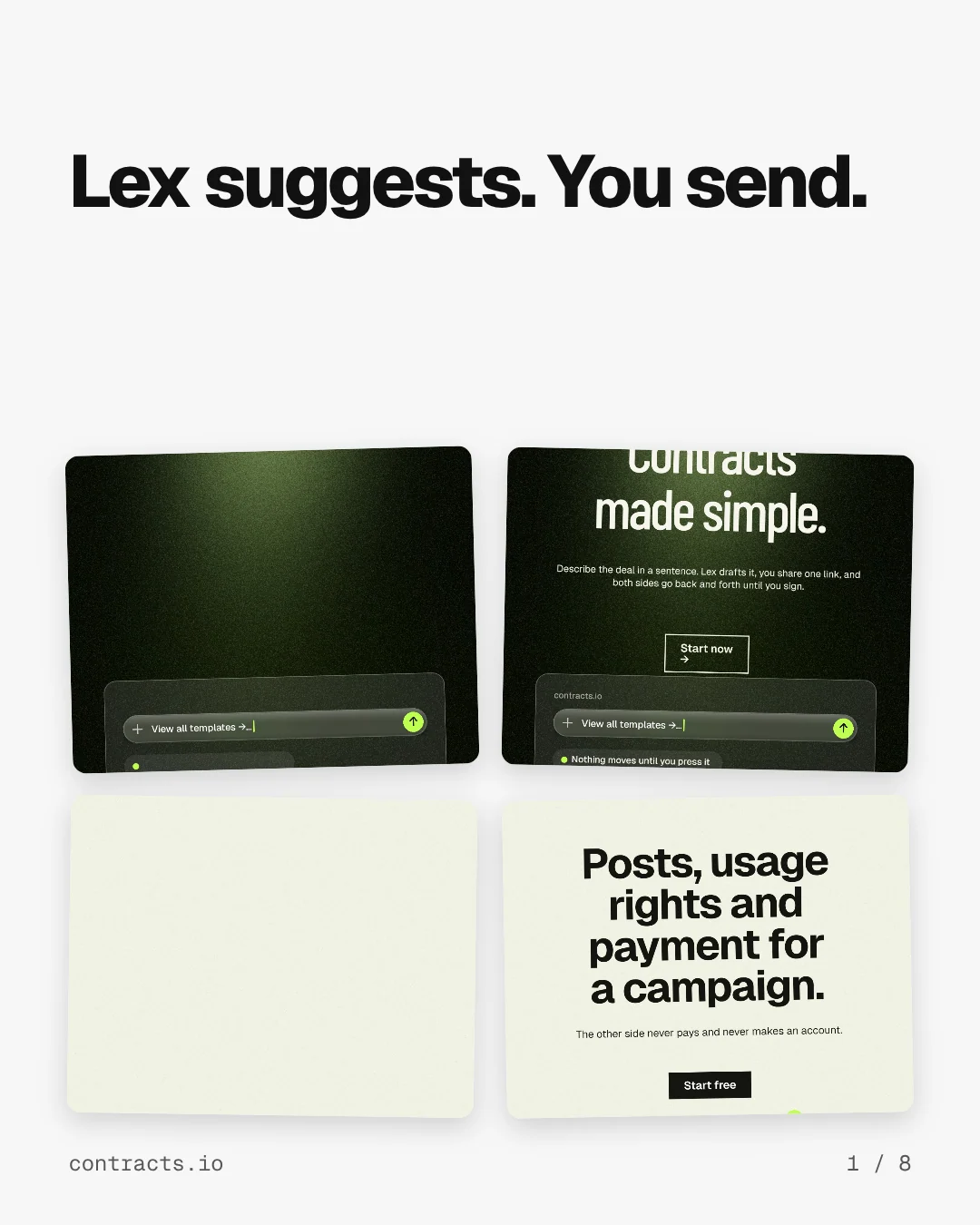 Carousel for contracts.io: "Lex suggests. You send.". Collection carousel, 8 slides, light palette.