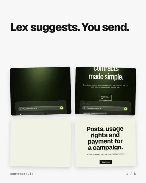 Carousel for contracts.io: "Lex suggests. You send.". Collection carousel, 8 slides, light palette.