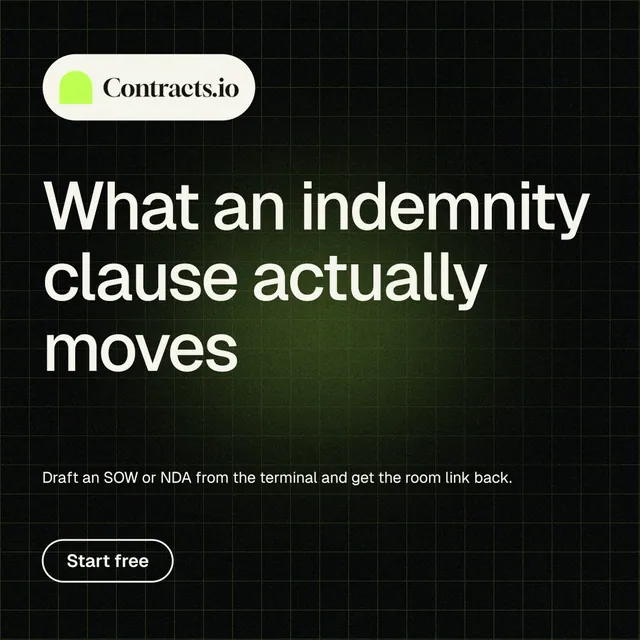 Instagram post for contracts.io: "What an indemnity clause actually moves". Phosphor atlas style, announce layout, dark palette in black, grey.
