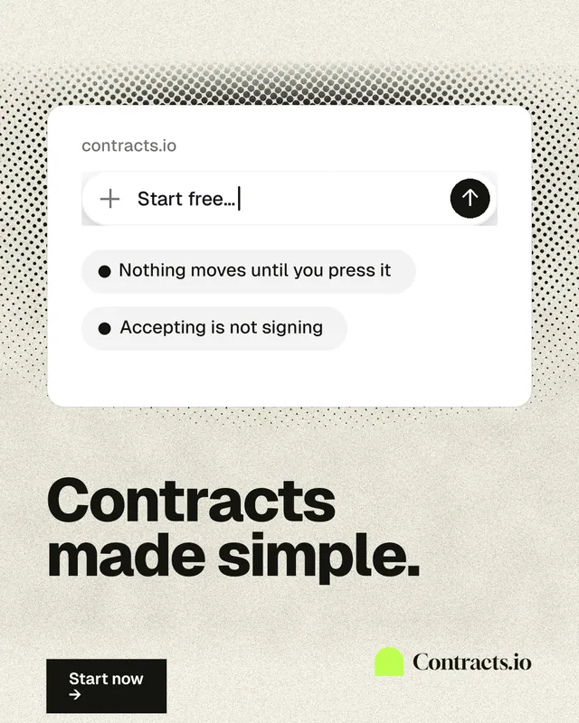 Instagram portrait post for contracts.io: "Contracts made simple." Ink sticker style, bottom layout, light palette in yellow, white, grey.
