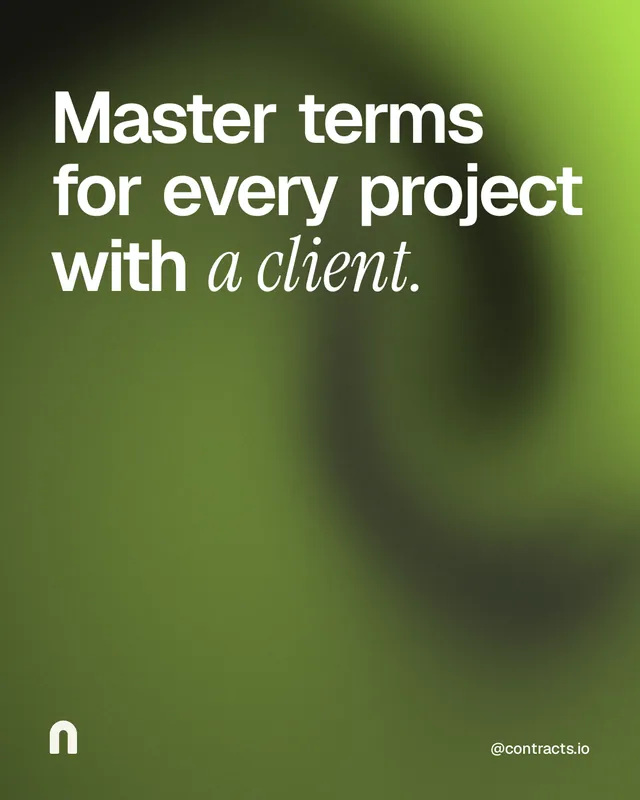Instagram portrait post for contracts.io: "Master terms for every project with a client." Auto 4x5 style, technique:shader field layout, dark palette in green.