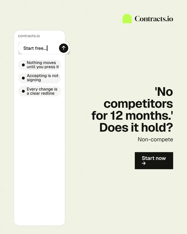 Instagram portrait post for contracts.io: "'No competitors for 12 months.' Does it hold?" Swiss style, right layout, light palette in white, grey.