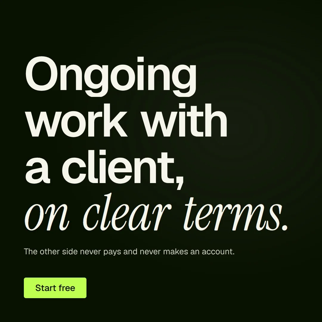 Video for contracts.io: "Ongoing work with a client, on clear terms.". Doc motion loop, 7.0 s, dark palette.