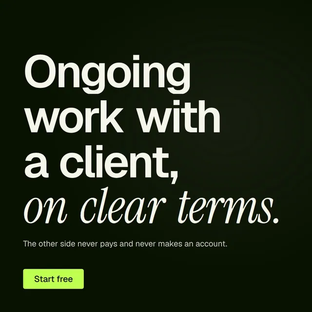 Video for contracts.io: "Ongoing work with a client, on clear terms.". Doc motion loop, 7.0 s, dark palette.