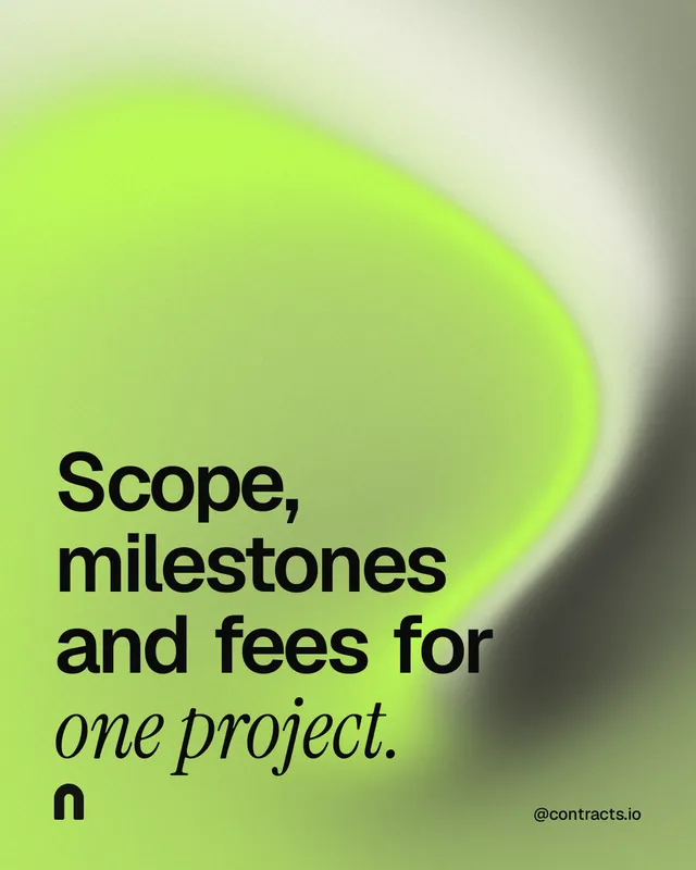Instagram portrait post for contracts.io: "Scope, milestones and fees for one project." Auto 4x5 style, technique:shader field layout, light palette in green.