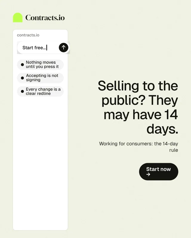 Instagram portrait post for contracts.io: "Selling to the public? They may have 14 days." Data card style, right layout, light palette in white.
