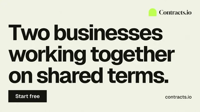 Landscape graphic for contracts.io: "Two businesses working together on shared terms." Swiss style, poster layout, light palette in white, grey.