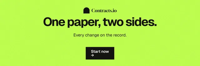 X header for contracts.io: "One paper, two sides." Swiss style, centred layout, light palette in green.