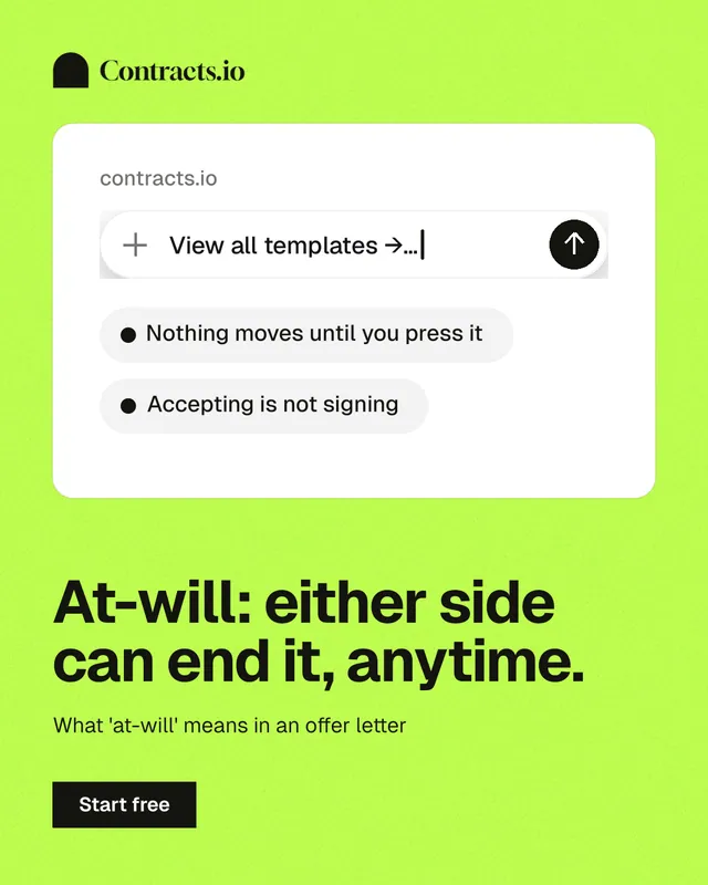 Instagram portrait post for contracts.io: "At-will: either side can end it, anytime." Swiss style, bottom layout, light palette in green, white.