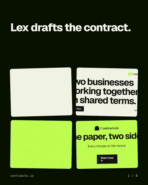 Carousel for contracts.io: "Lex drafts the contract.". Collection carousel, 8 slides, dark palette.