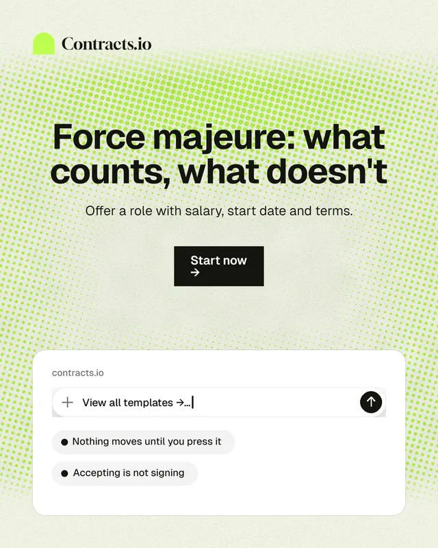 Instagram portrait post for contracts.io: "Force majeure: what counts, what doesn't". Swiss style, centred layout, light palette in green, white, grey.