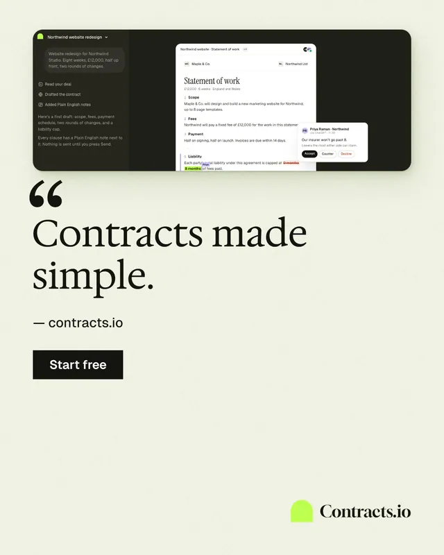 Instagram portrait post for contracts.io: "Contracts made simple." Swiss style, quote layout, light palette in white, grey, green.