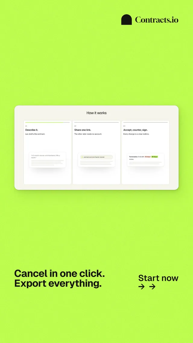 Instagram story for contracts.io: "Cancel in one click. Export everything." Swiss style, image led layout, light palette in green.